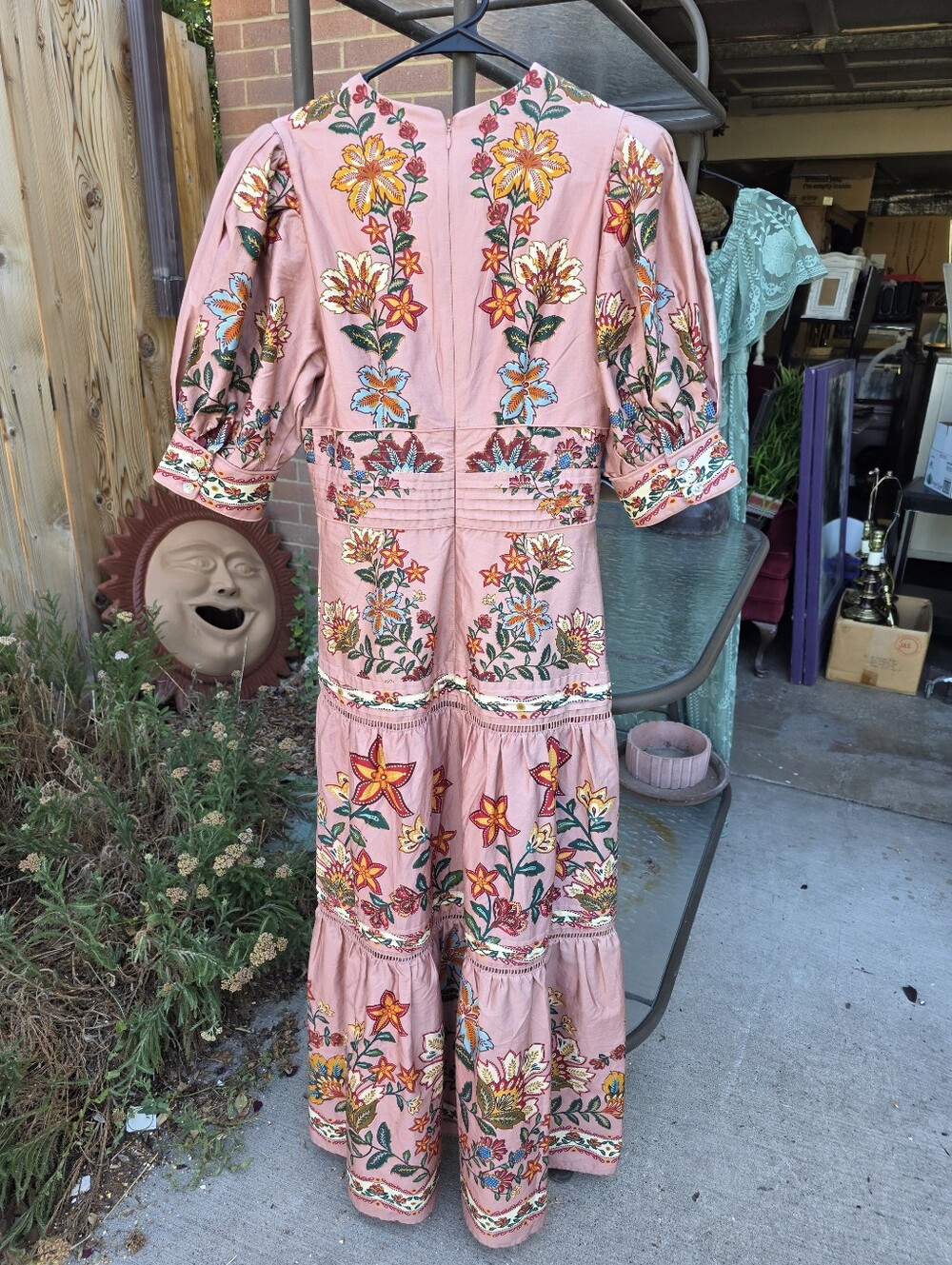 FARM Rio Pink Floral Midi Dress XS Puff Sleeve Boho Tiered V-Neck - Picture 3 of 4